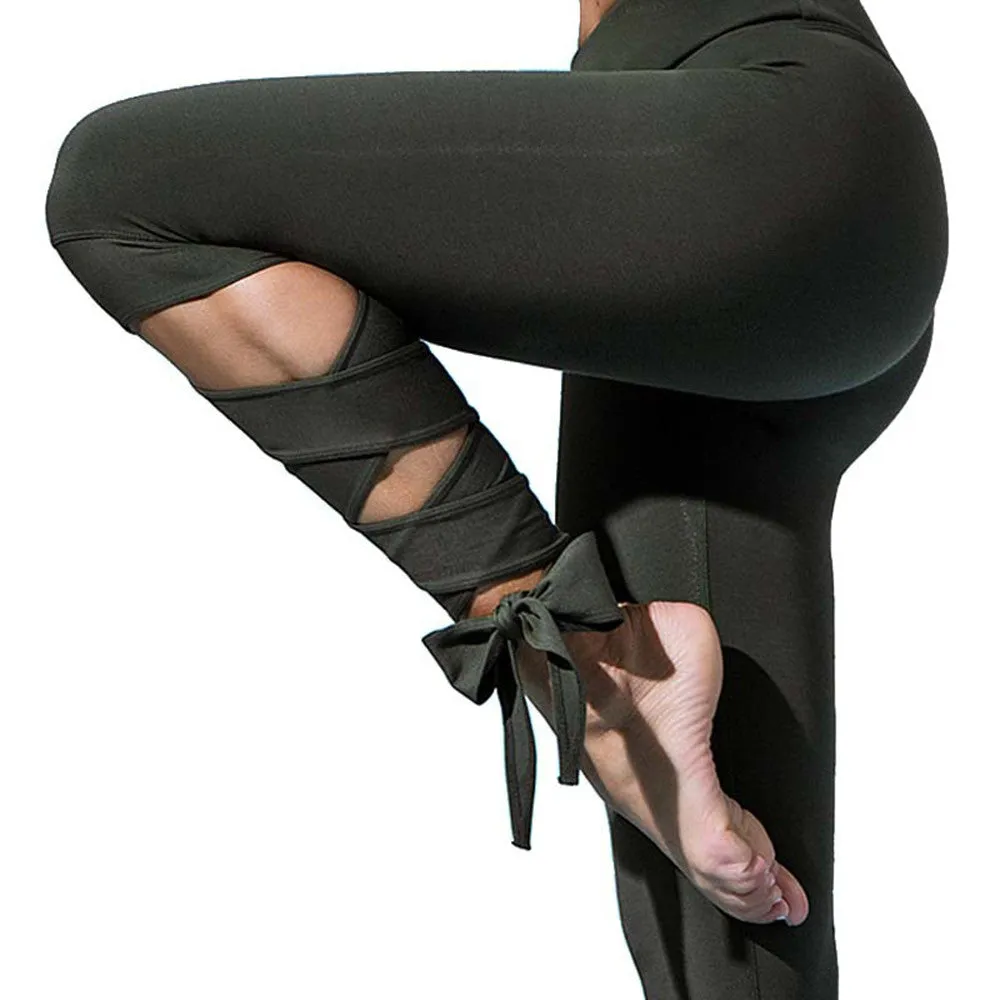 Bandage Tie Fitness Pants Dance Legging Lace Up Yoga Pants-Green