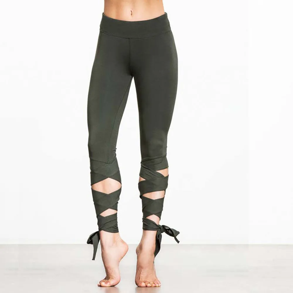 Bandage Tie Fitness Pants Dance Legging Lace Up Yoga Pants-Green