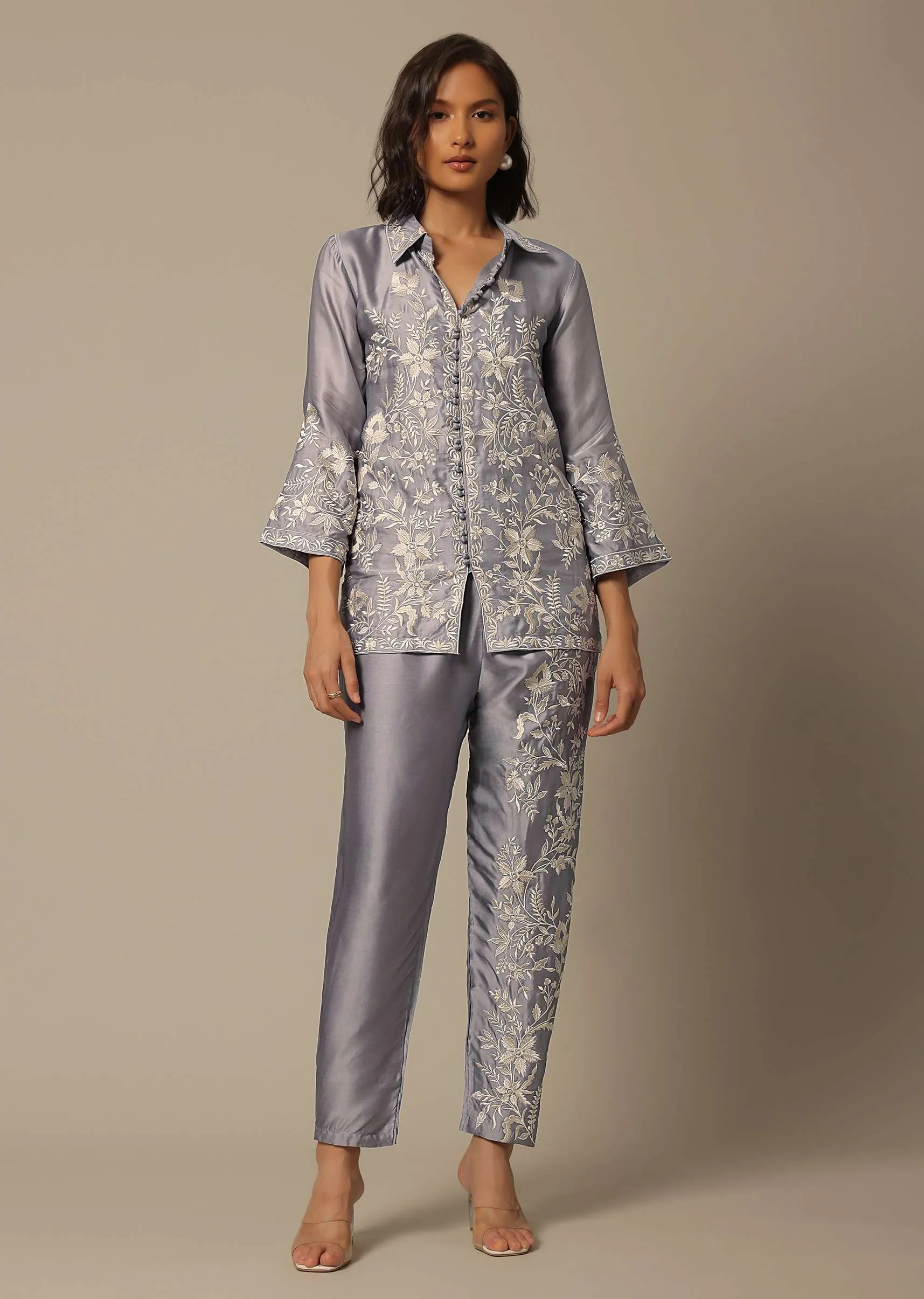 Grey Satin Pant Set With Thread Embroidery