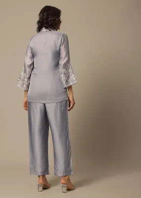 Grey Satin Pant Set With Thread Embroidery