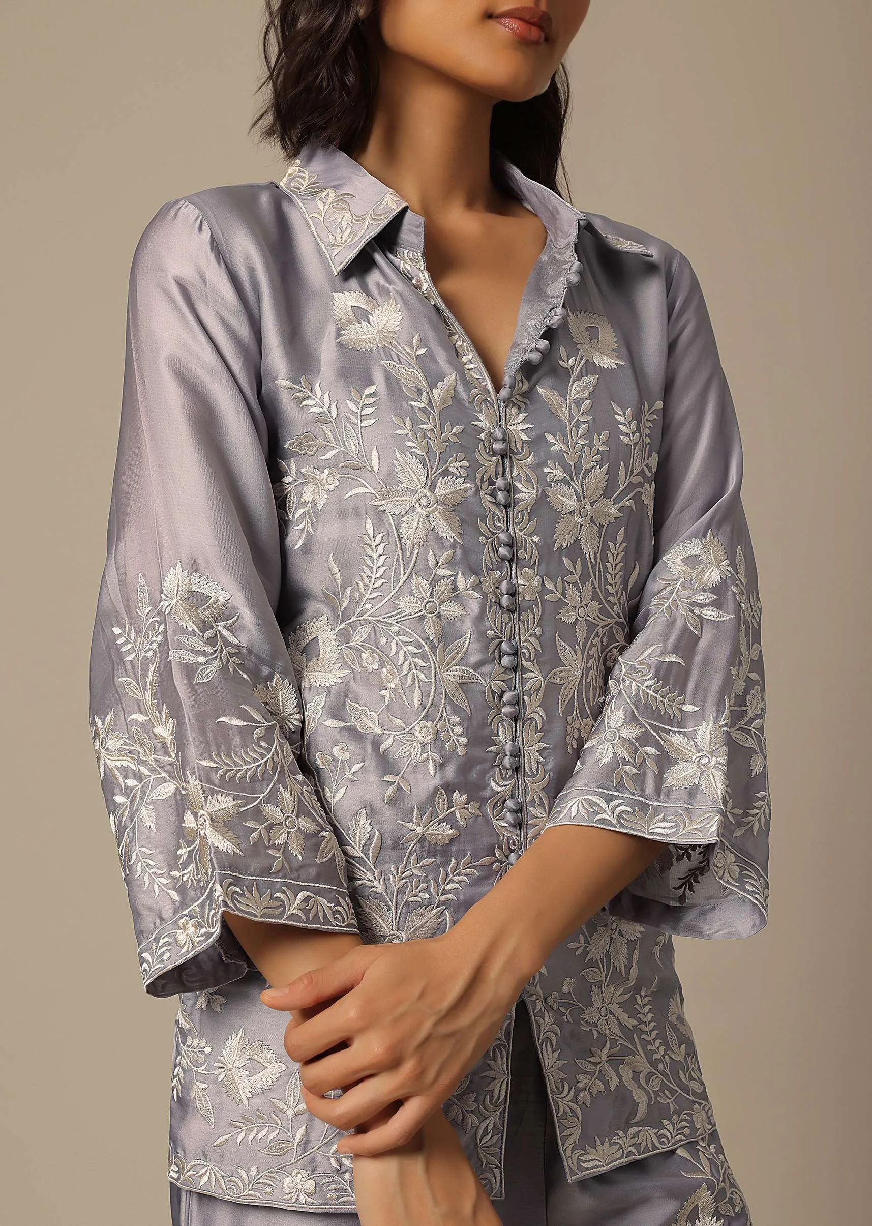 Grey Satin Pant Set With Thread Embroidery