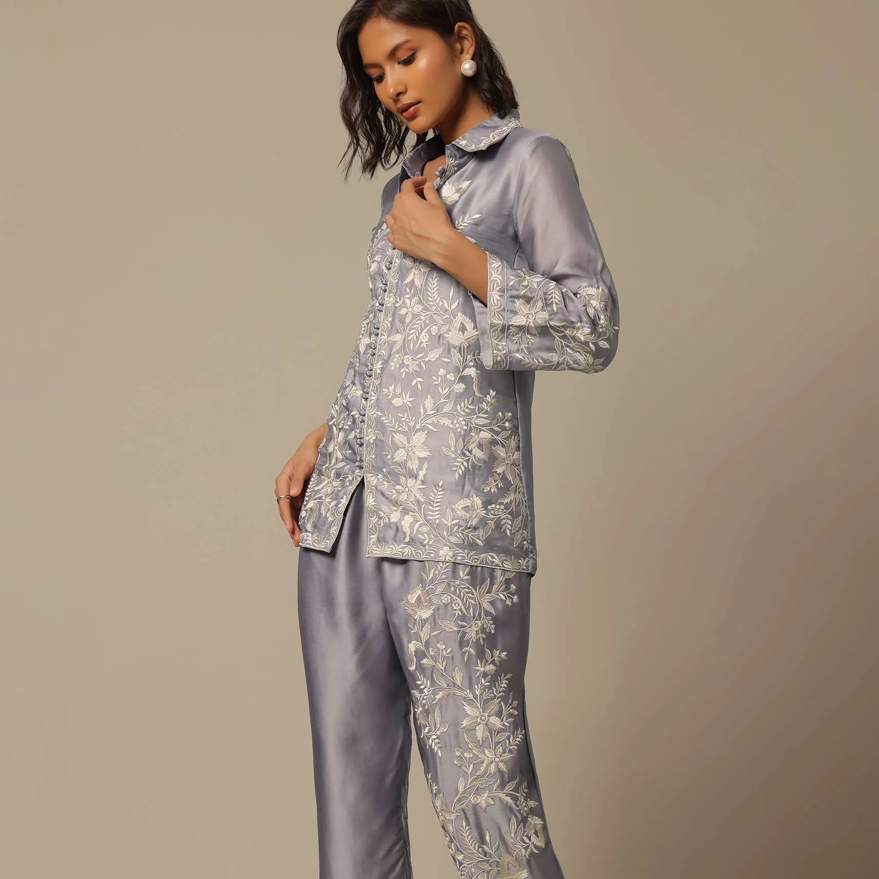 Grey Satin Pant Set With Thread Embroidery