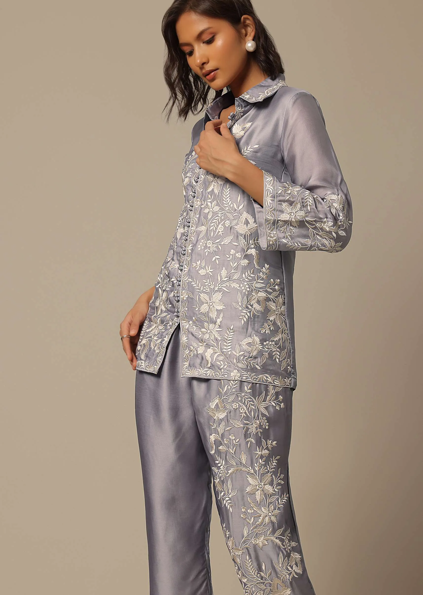 Grey Satin Pant Set With Thread Embroidery