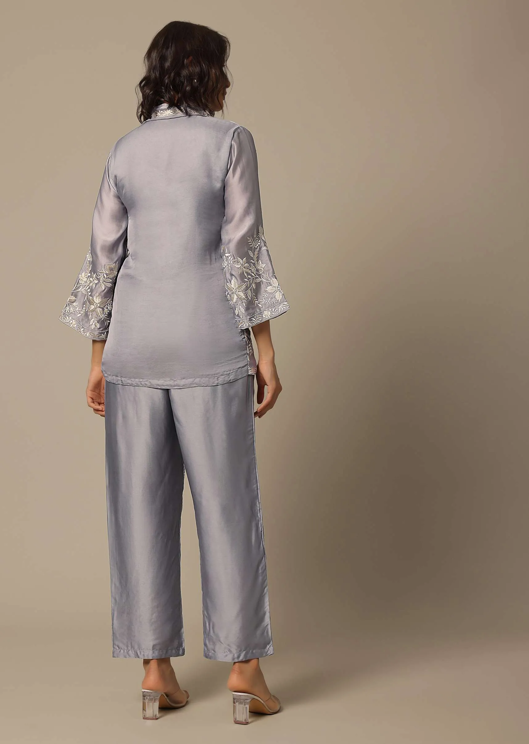Grey Satin Pant Set With Thread Embroidery