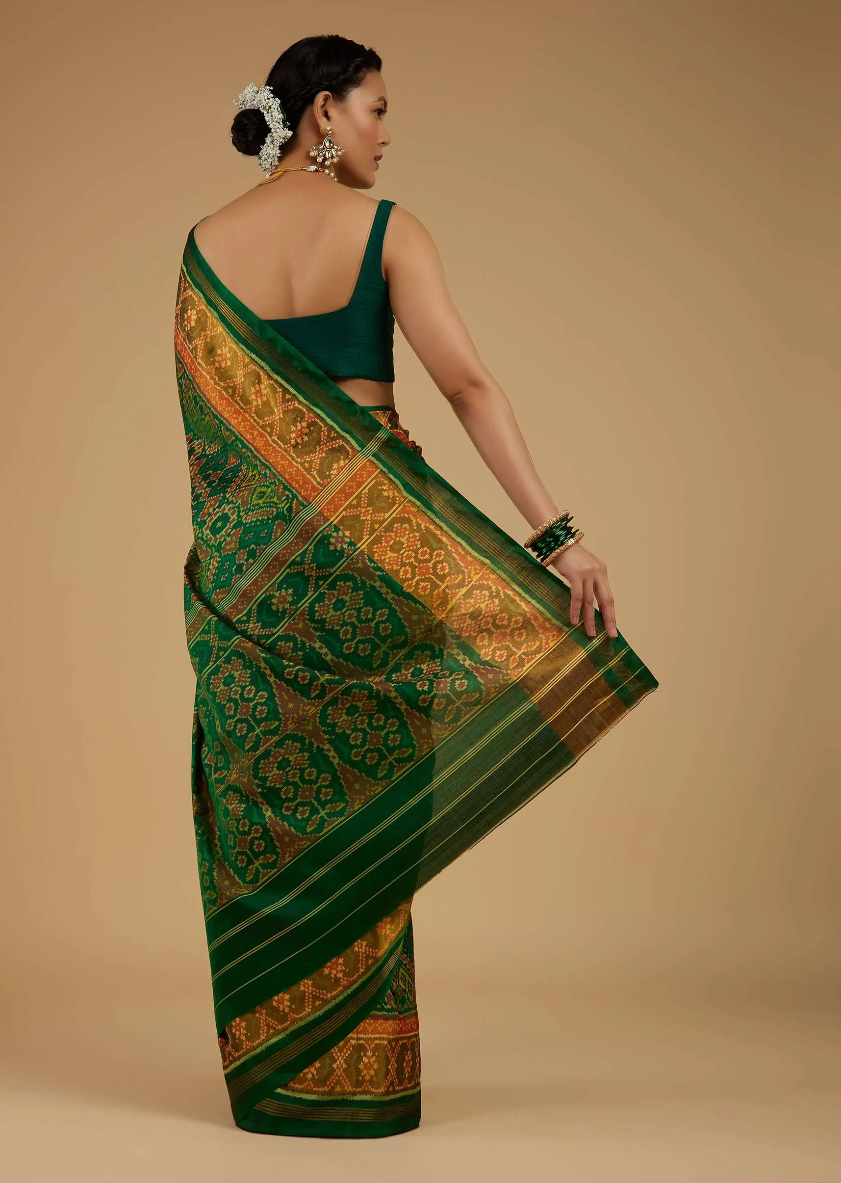 Jade Green Saree In Silk With Ikat Weave Patola Work