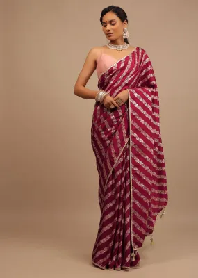 Maroon Red Saree In Dola Silk With Woven Floral Design In Diagonal Stripes And Lace Detailing