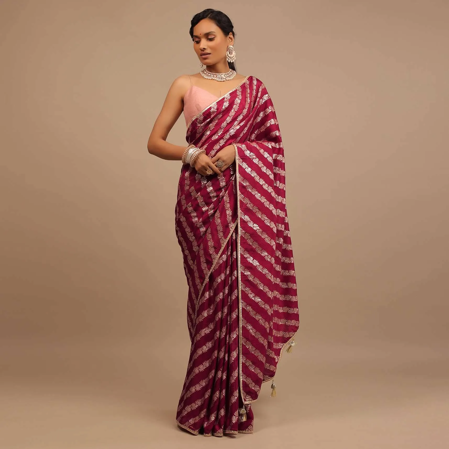 Maroon Red Saree In Dola Silk With Woven Floral Design In Diagonal Stripes And Lace Detailing