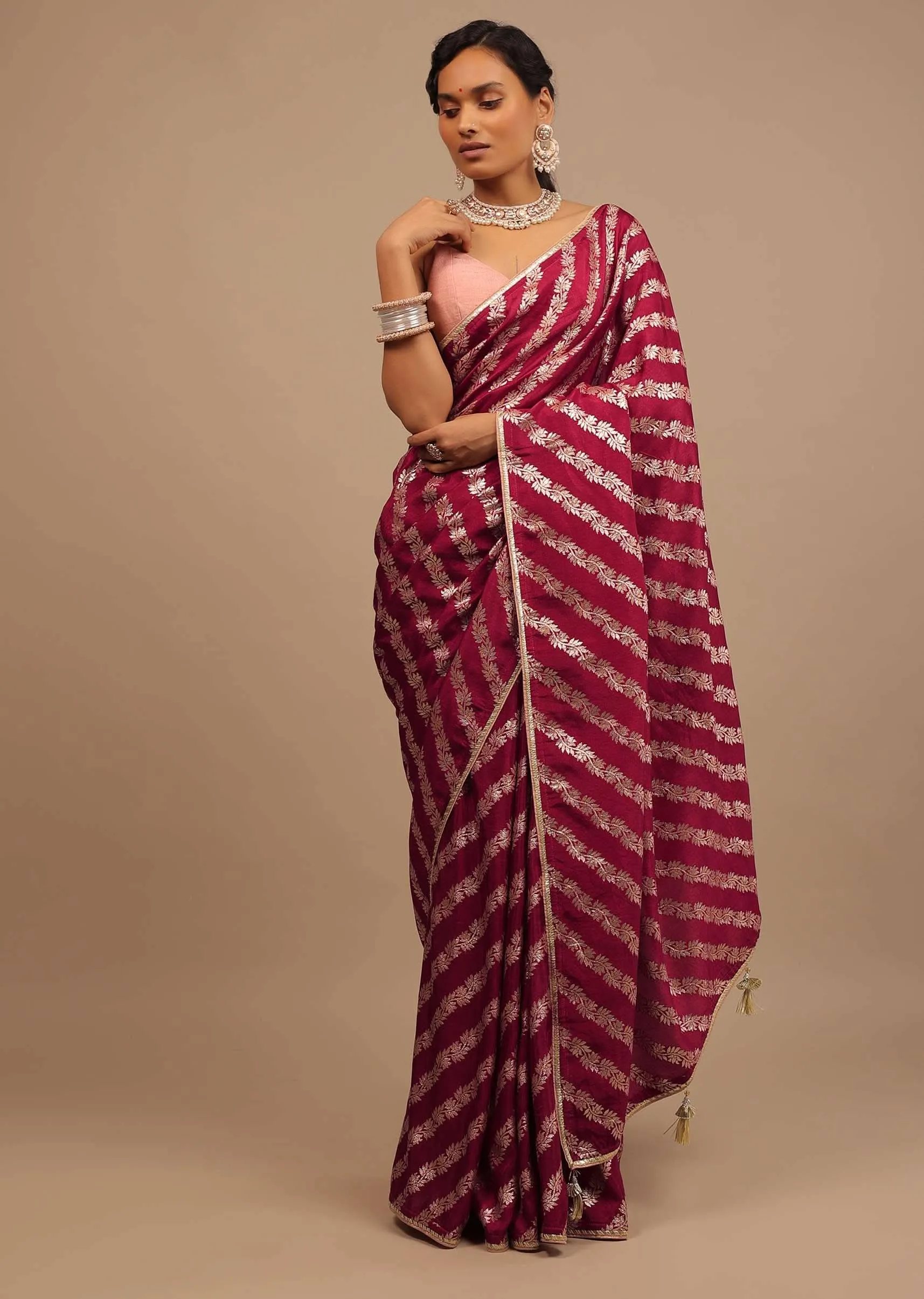 Maroon Red Saree In Dola Silk With Woven Floral Design In Diagonal Stripes And Lace Detailing