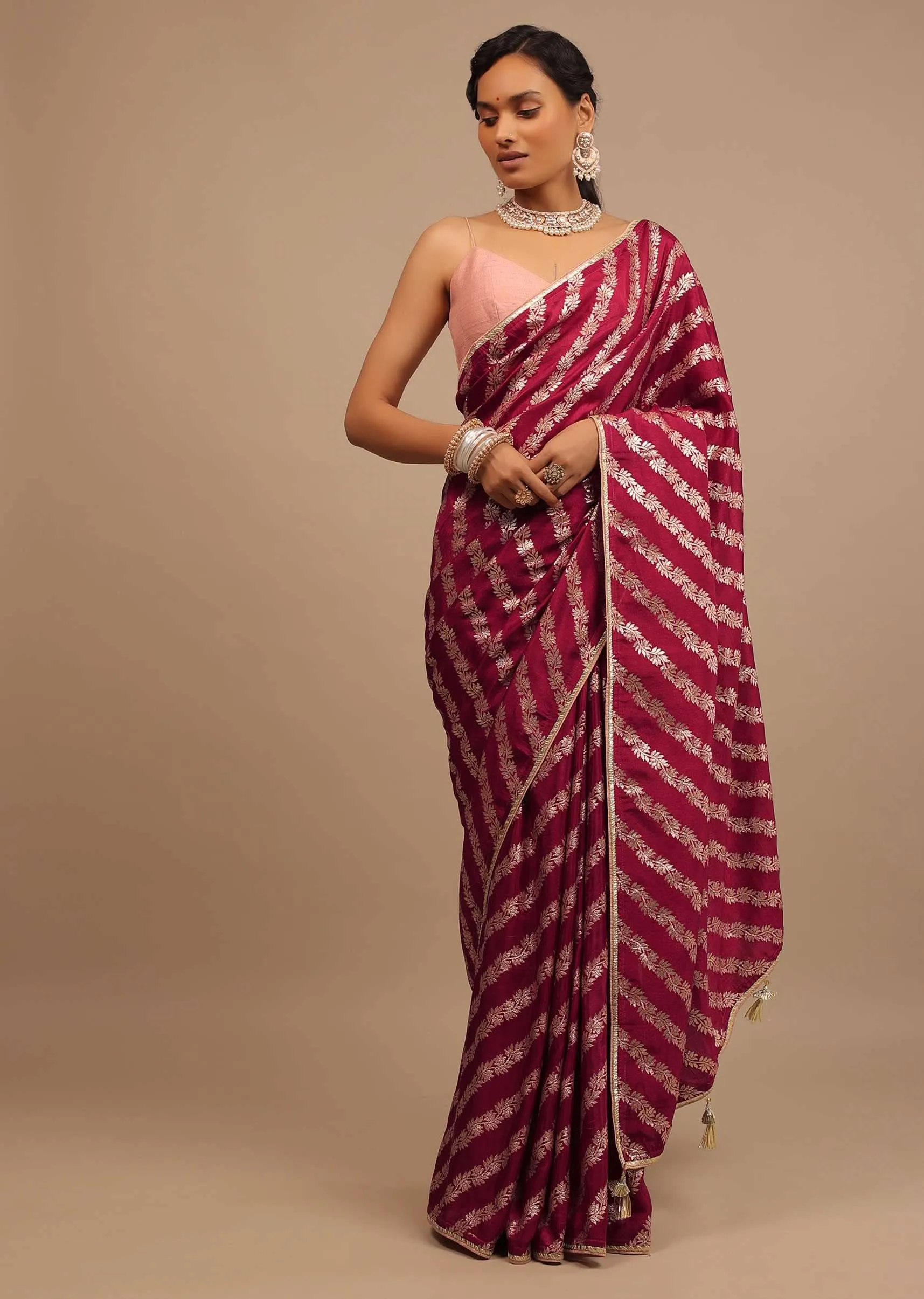 Maroon Red Saree In Dola Silk With Woven Floral Design In Diagonal Stripes And Lace Detailing