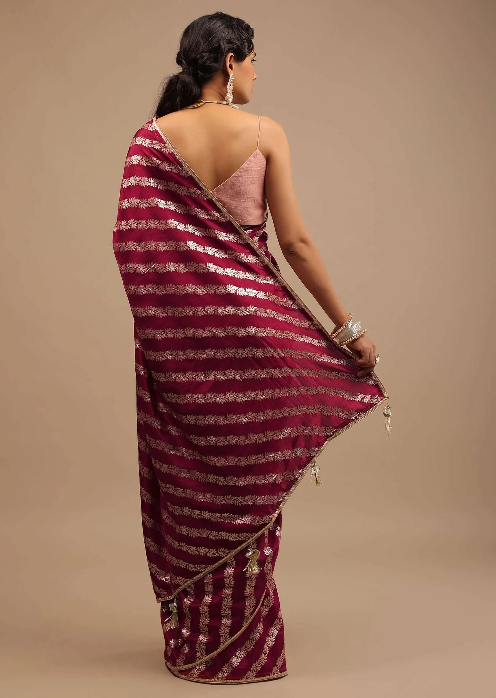 Maroon Red Saree In Dola Silk With Woven Floral Design In Diagonal Stripes And Lace Detailing
