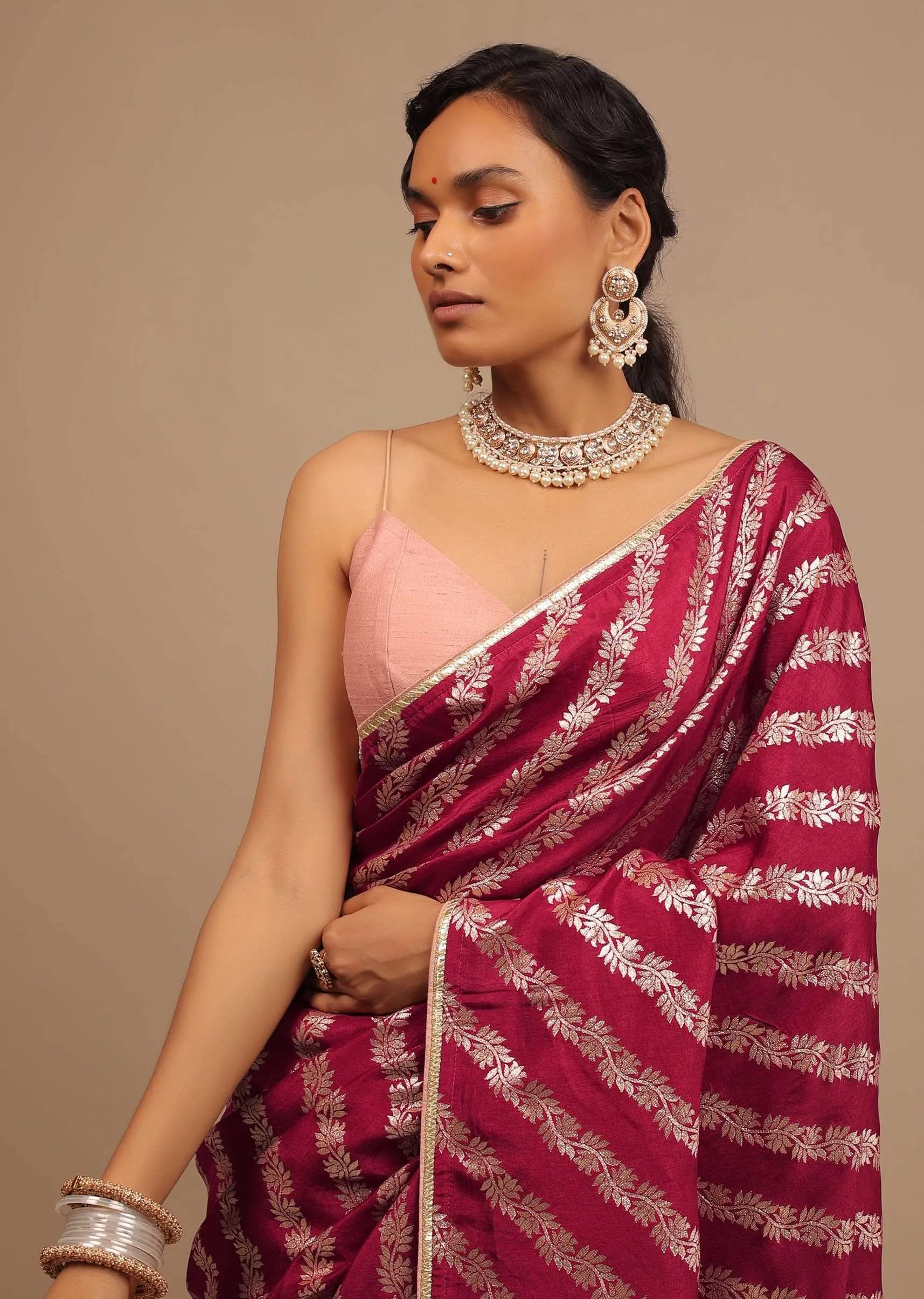 Maroon Red Saree In Dola Silk With Woven Floral Design In Diagonal Stripes And Lace Detailing