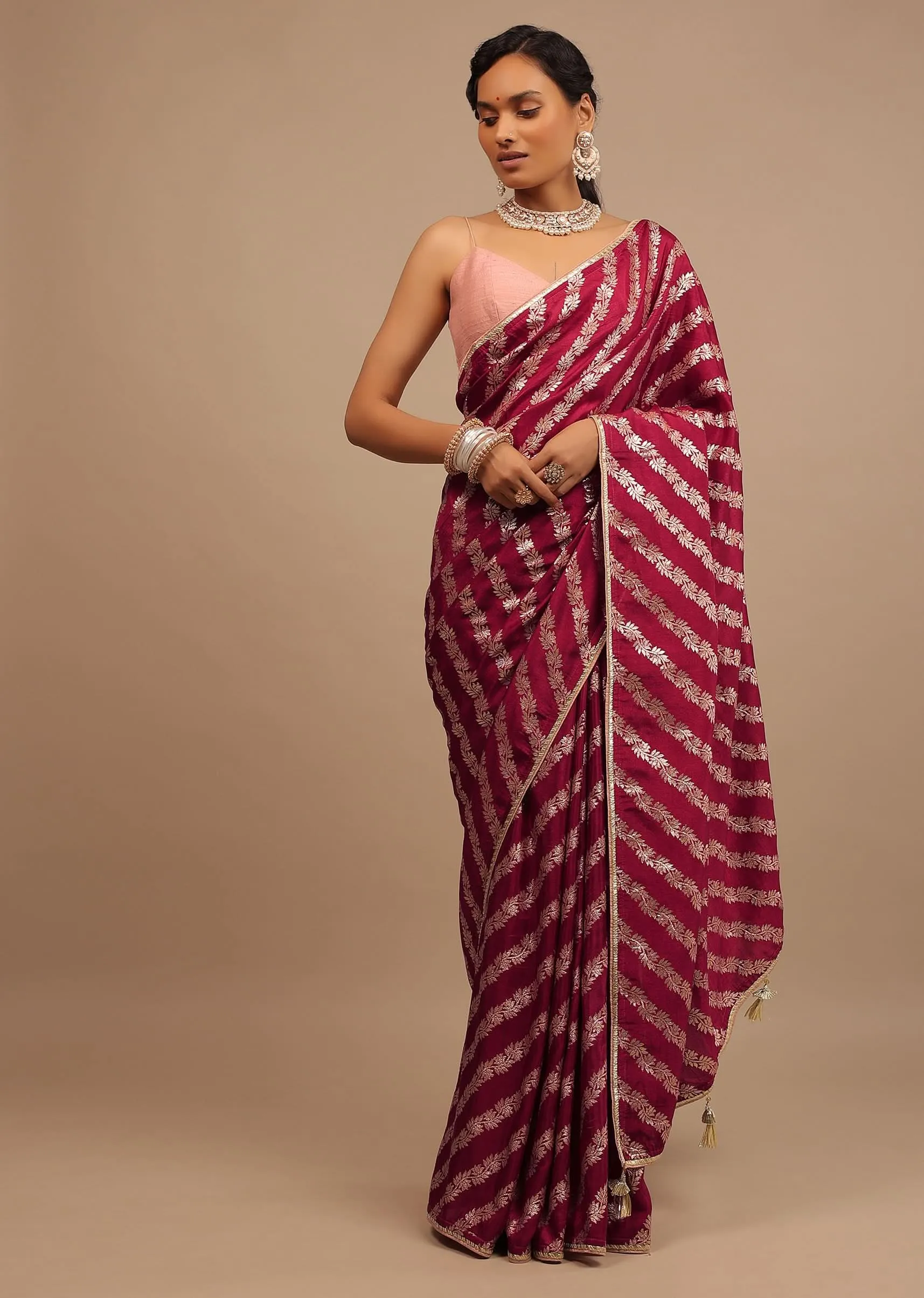 Maroon Red Saree In Dola Silk With Woven Floral Design In Diagonal Stripes And Lace Detailing