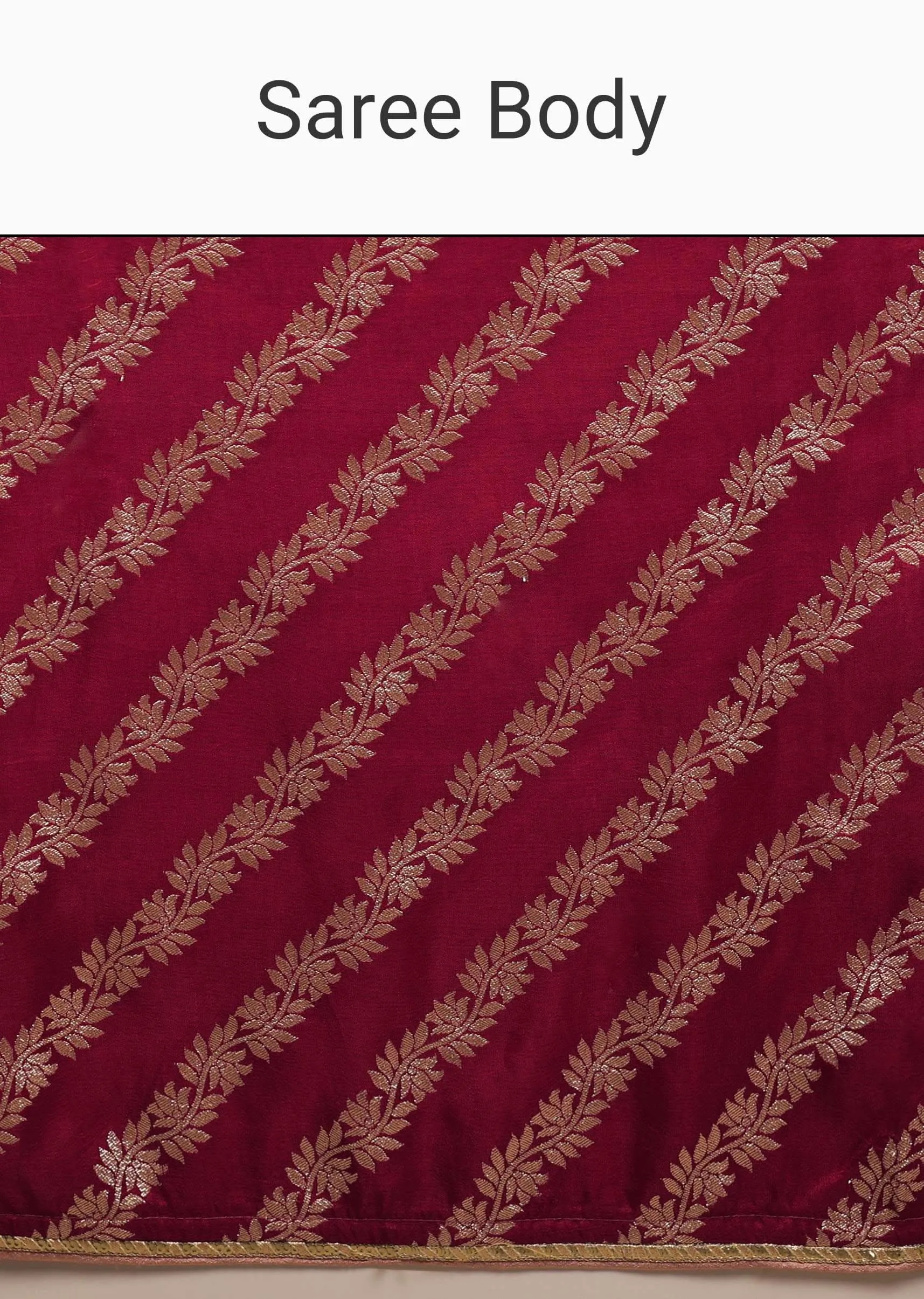 Maroon Red Saree In Dola Silk With Woven Floral Design In Diagonal Stripes And Lace Detailing