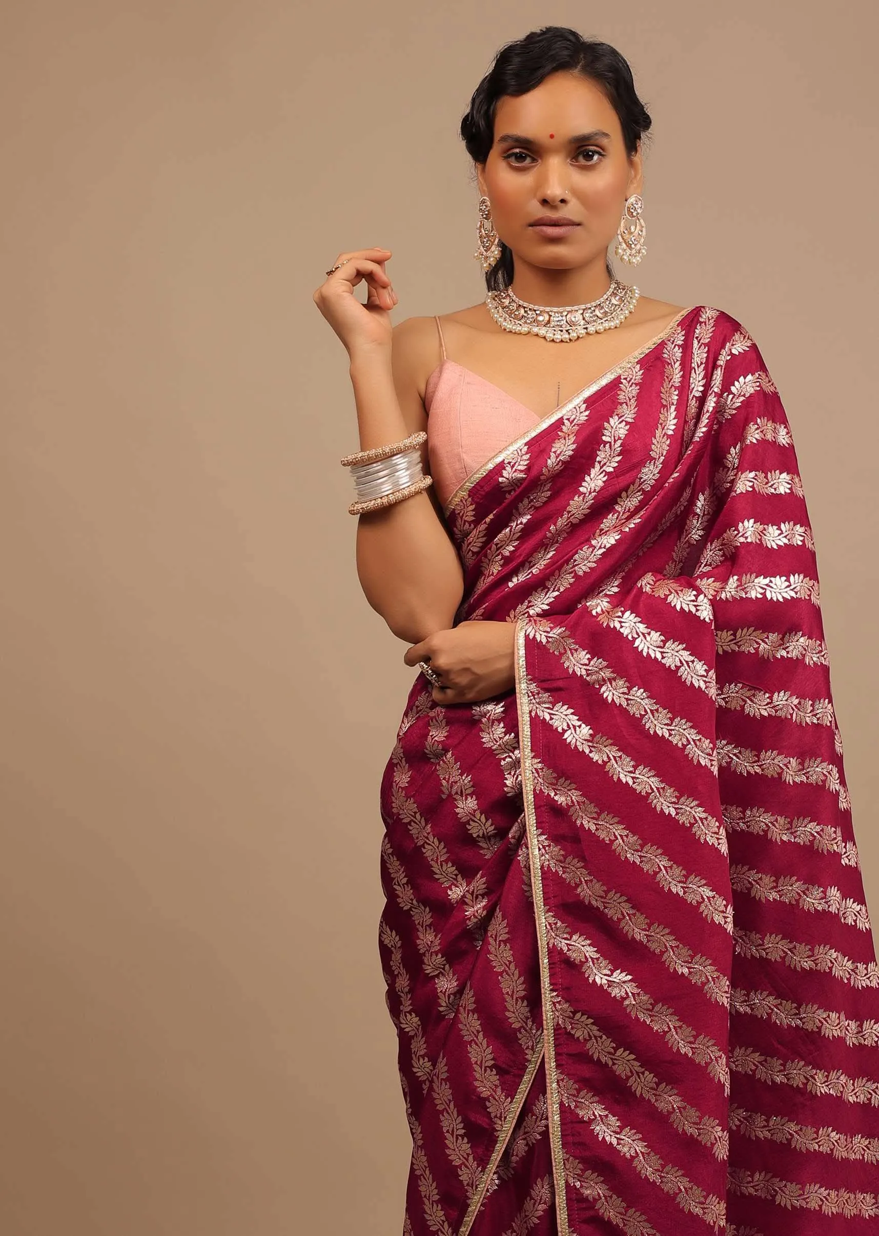 Maroon Red Saree In Dola Silk With Woven Floral Design In Diagonal Stripes And Lace Detailing