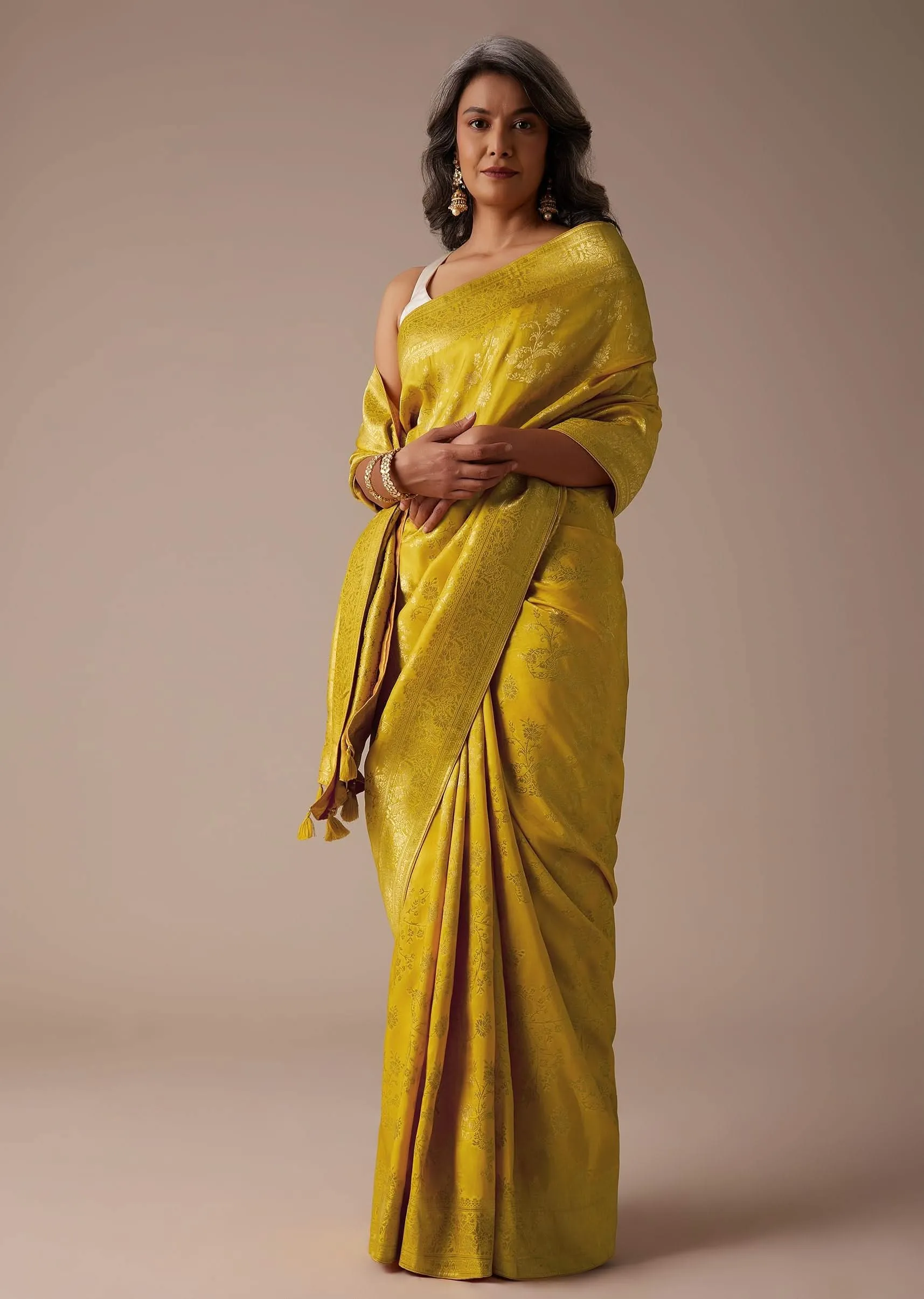 Mustard Yellow Saree In Dola Silk With Woven Floral Jaal And Moroccan Weave On Pallu