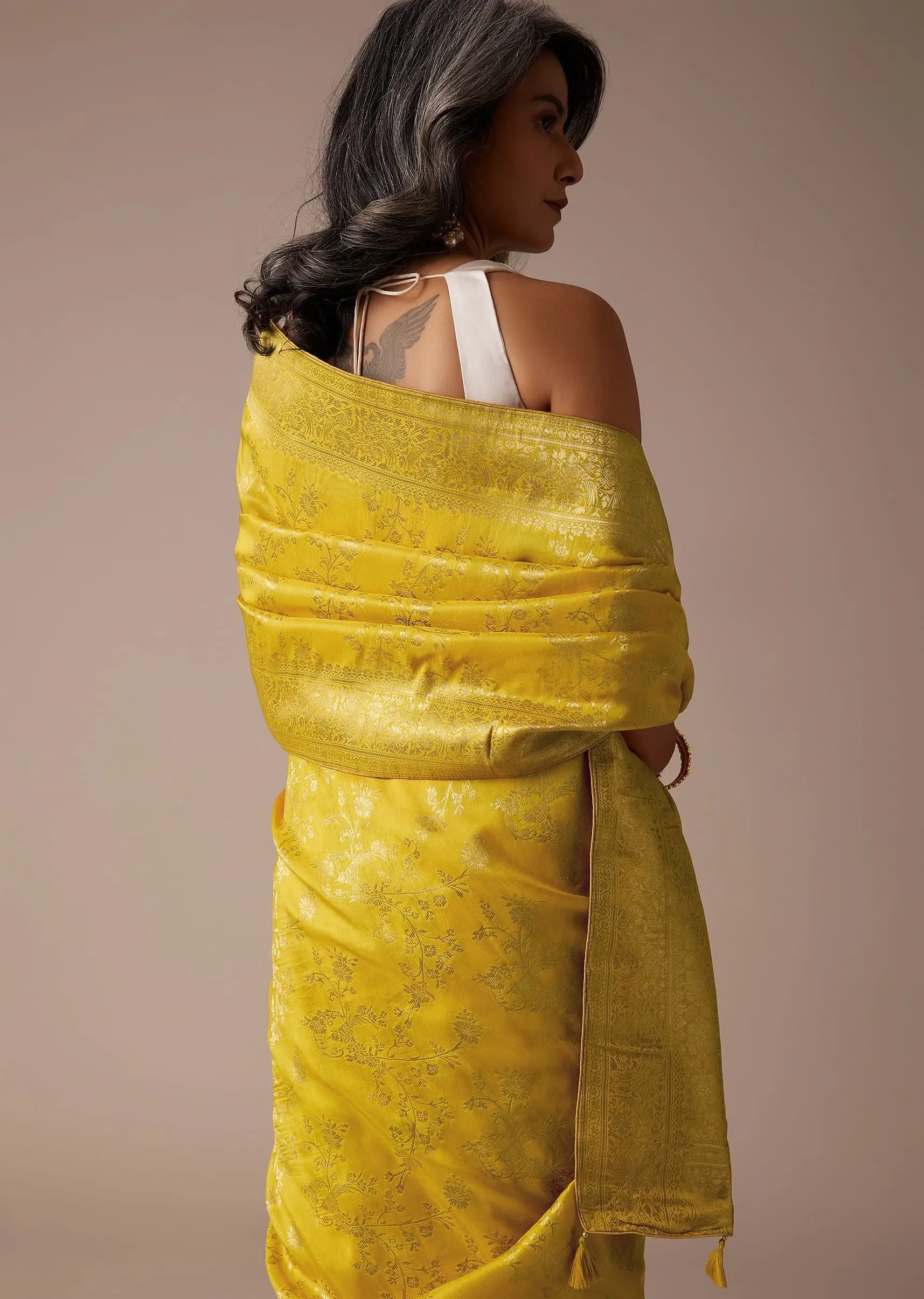 Mustard Yellow Saree In Dola Silk With Woven Floral Jaal And Moroccan Weave On Pallu