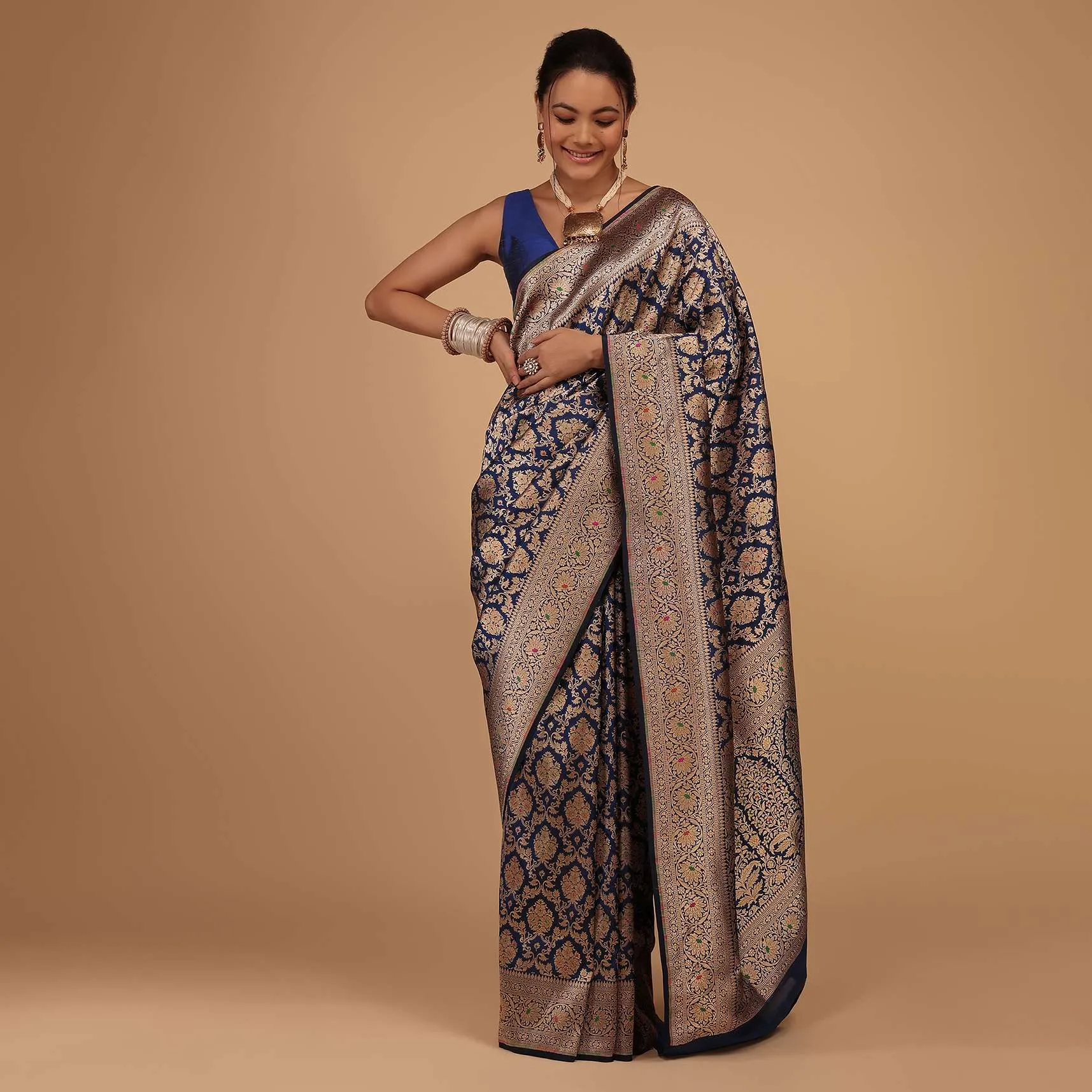 Navy Blue Saree In Pure Banarasi Silk With Upada Zari Weave In Floral Jaal Work