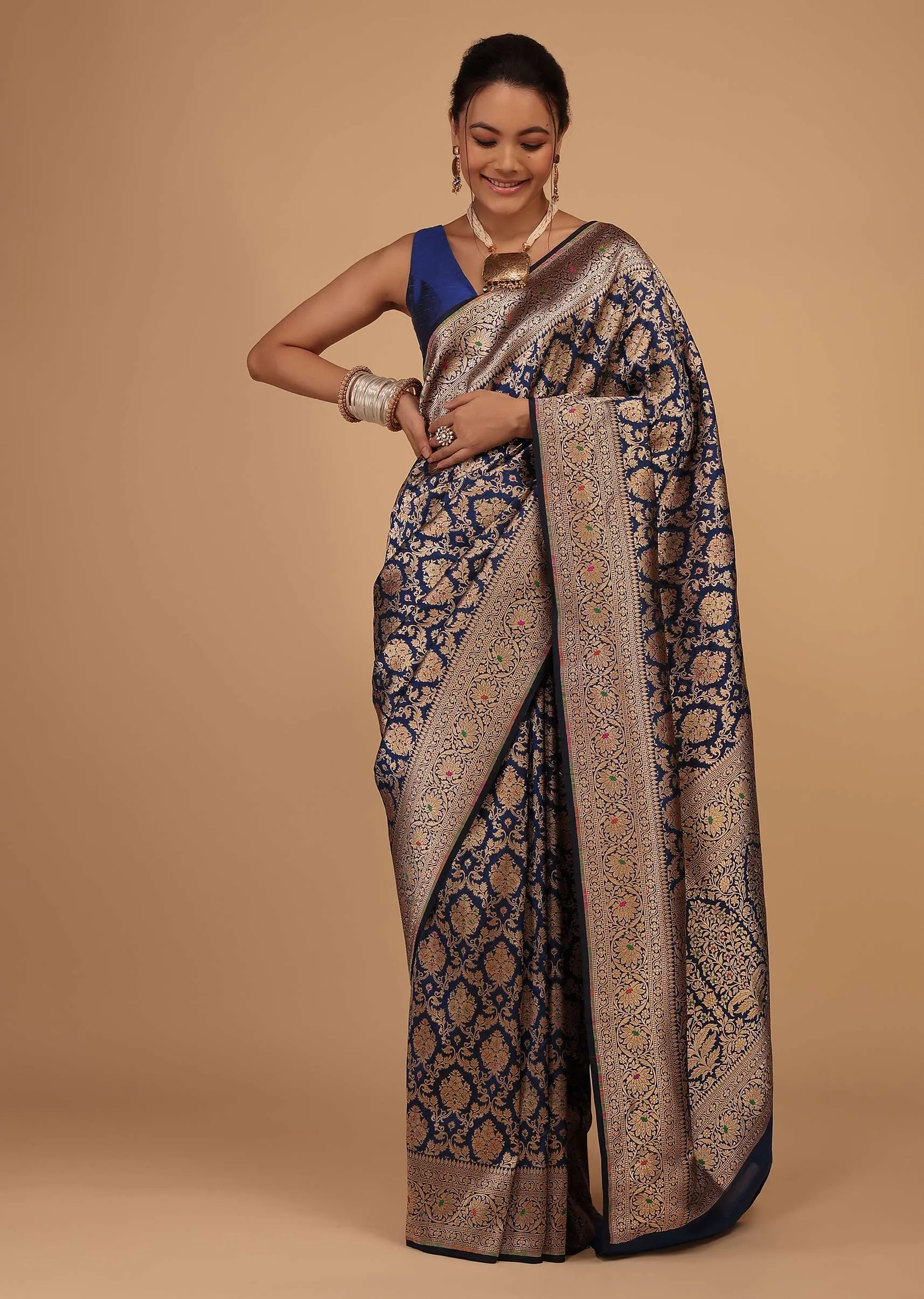 Navy Blue Saree In Pure Banarasi Silk With Upada Zari Weave In Floral Jaal Work
