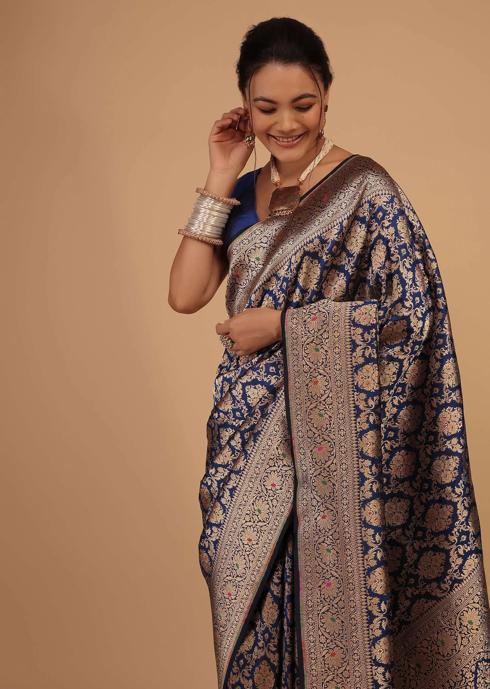 Navy Blue Saree In Pure Banarasi Silk With Upada Zari Weave In Floral Jaal Work
