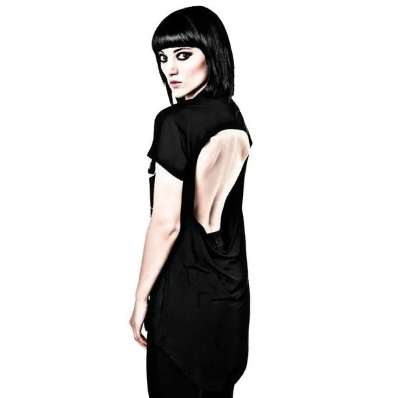 Open-Back Top | Fact | Cut-Out Embroidered Goth Black Relaxed Fit Top
