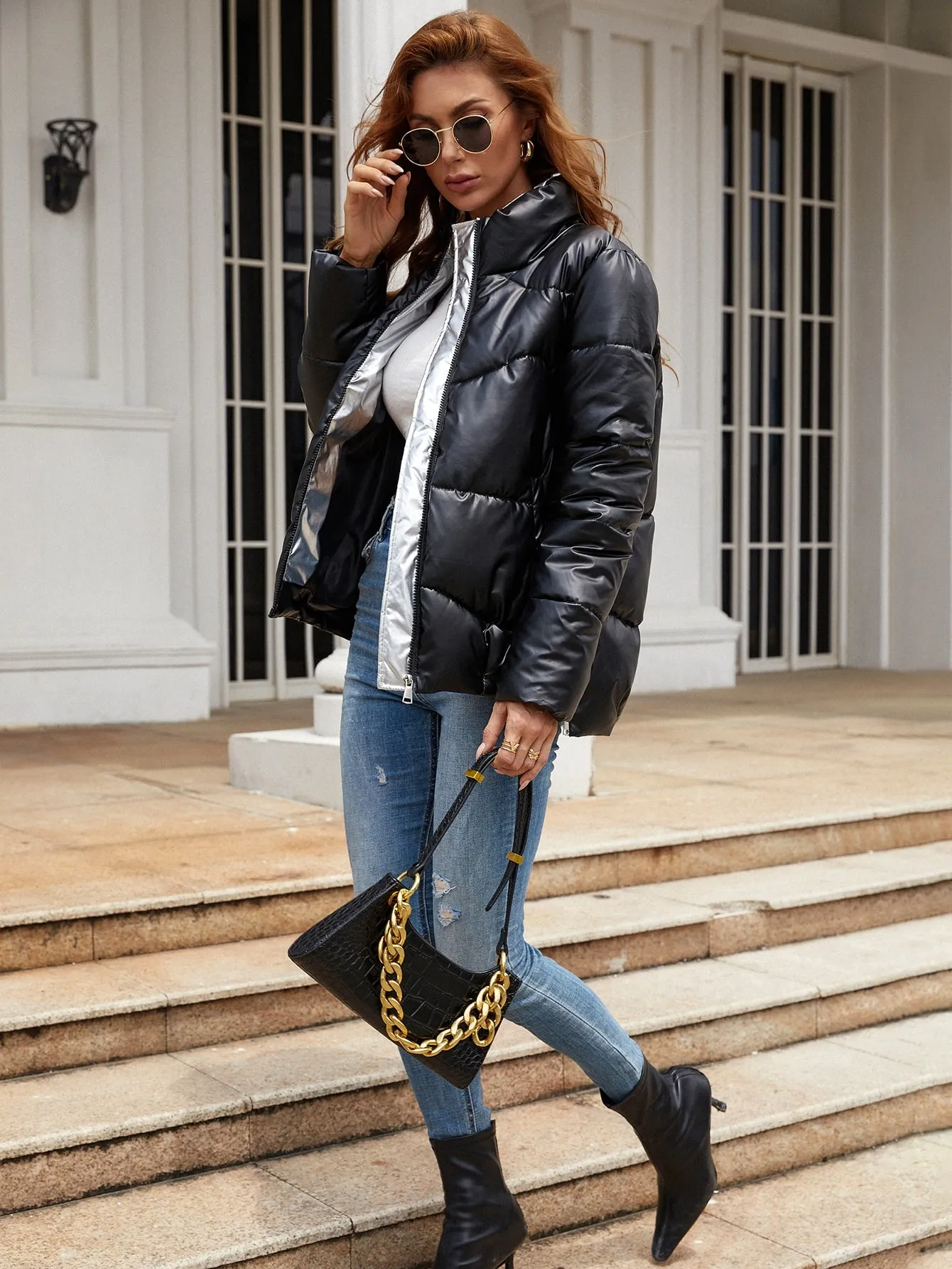 Plain Pocket Long Sleeve Funnel Neck Regular Women Winter Coat