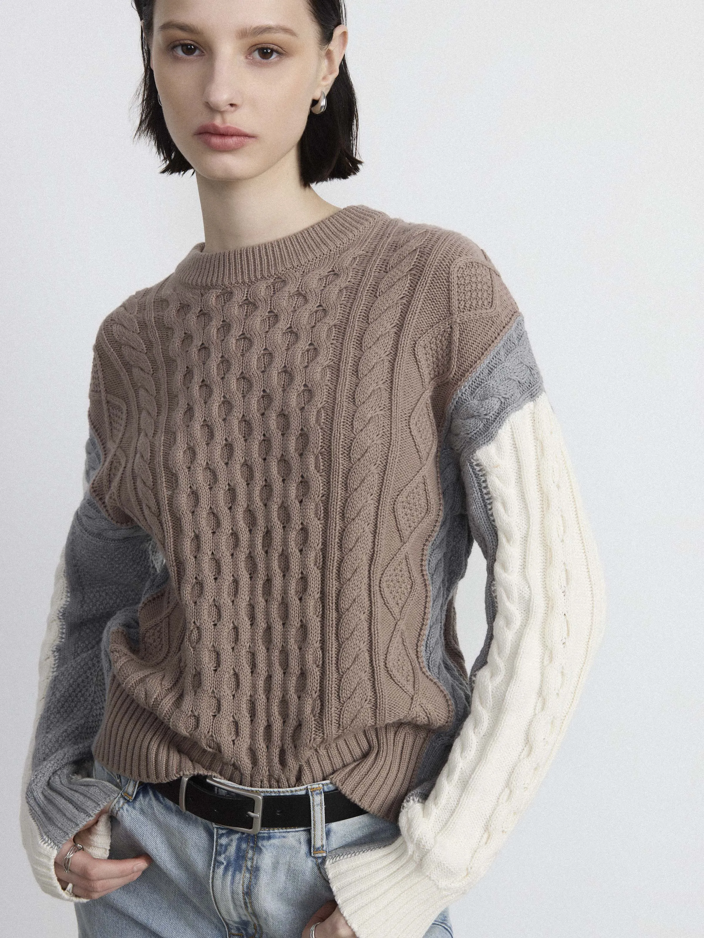 The Colour Block Cable Sweater in Blue