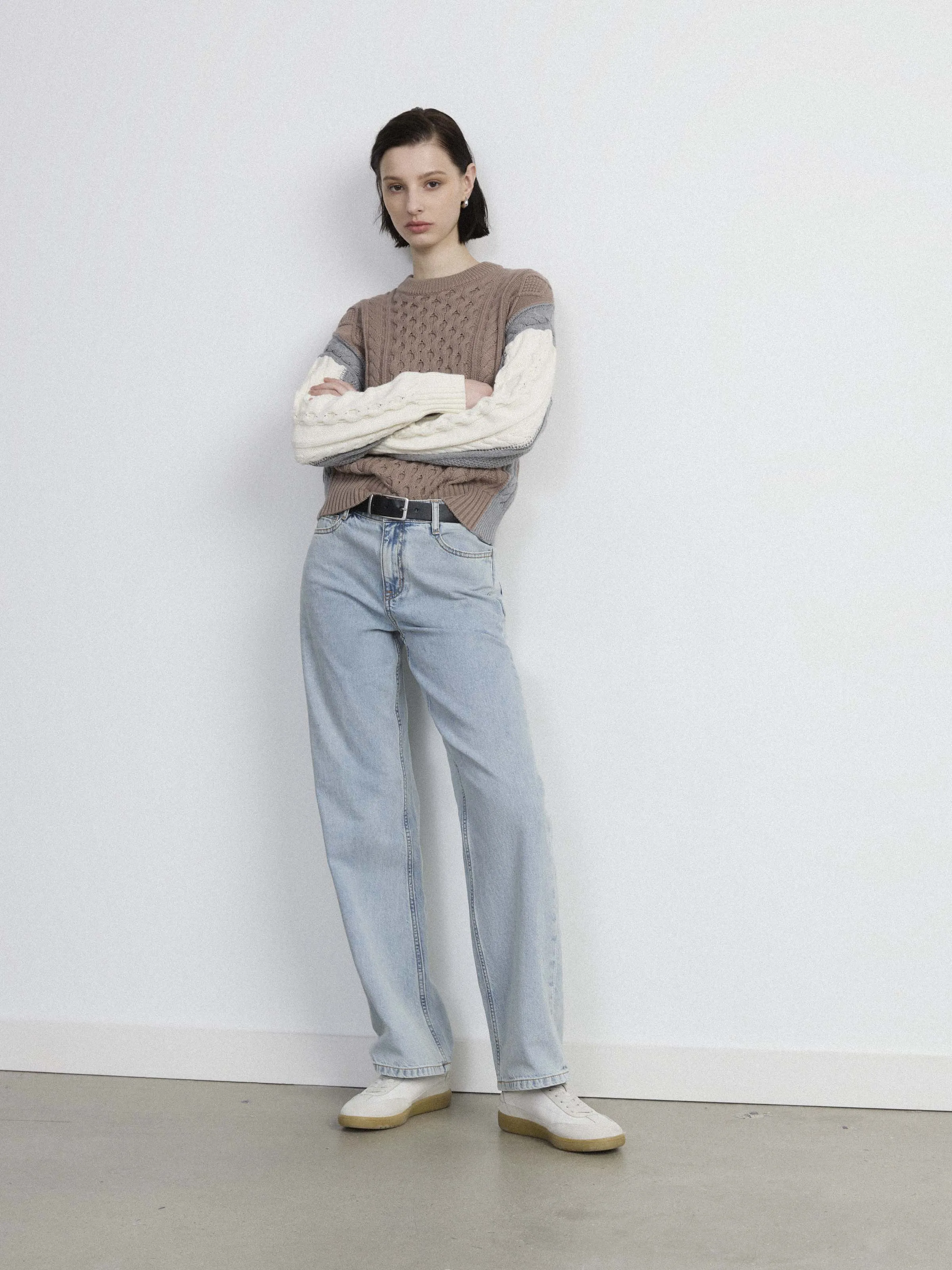 The Colour Block Cable Sweater in Blue