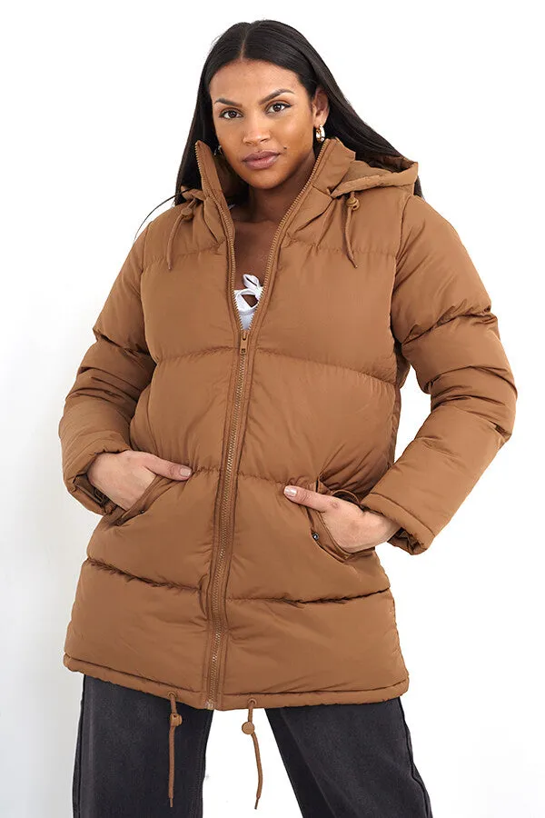 TOFFEE PADDED PUFFER STYLE LONG HOODED COAT