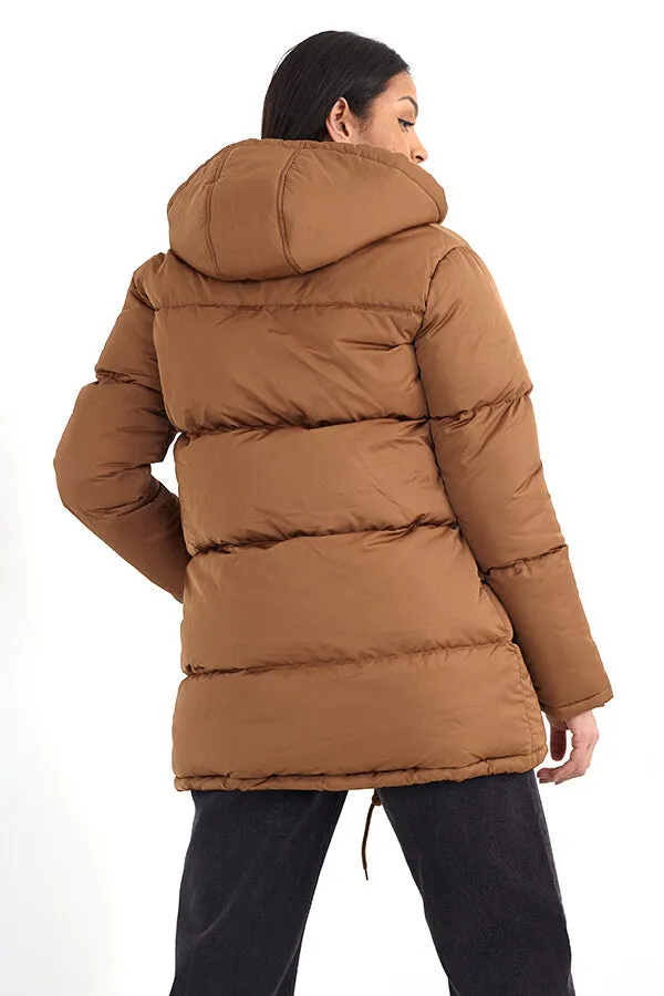 TOFFEE PADDED PUFFER STYLE LONG HOODED COAT