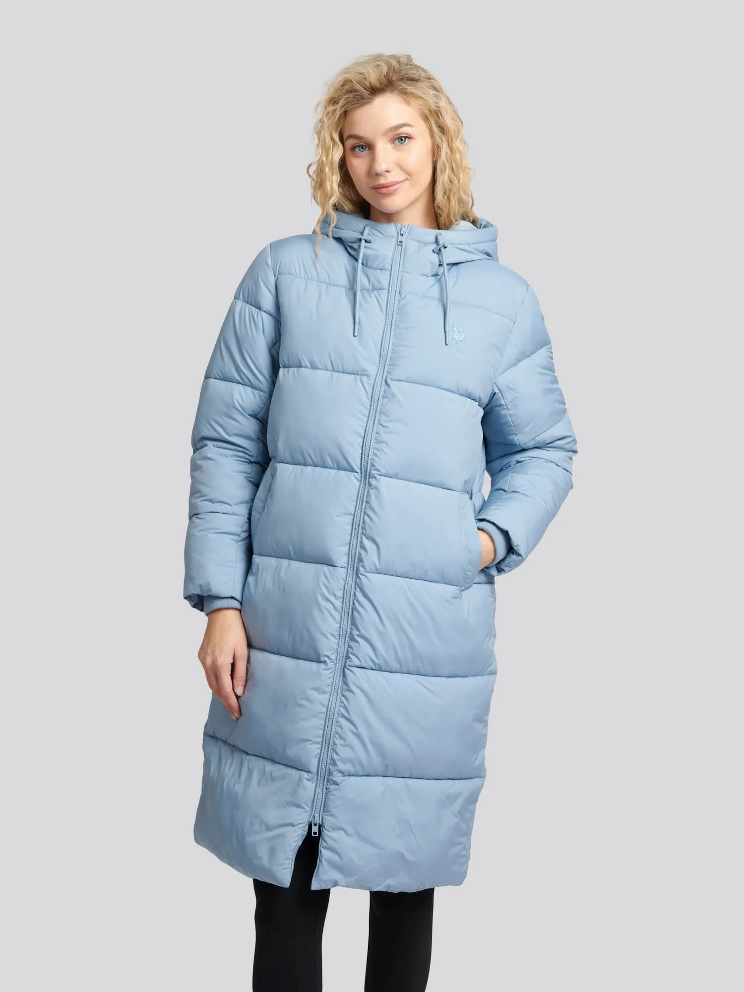 Womens Long Line Puffer Coat in Ashley Blue