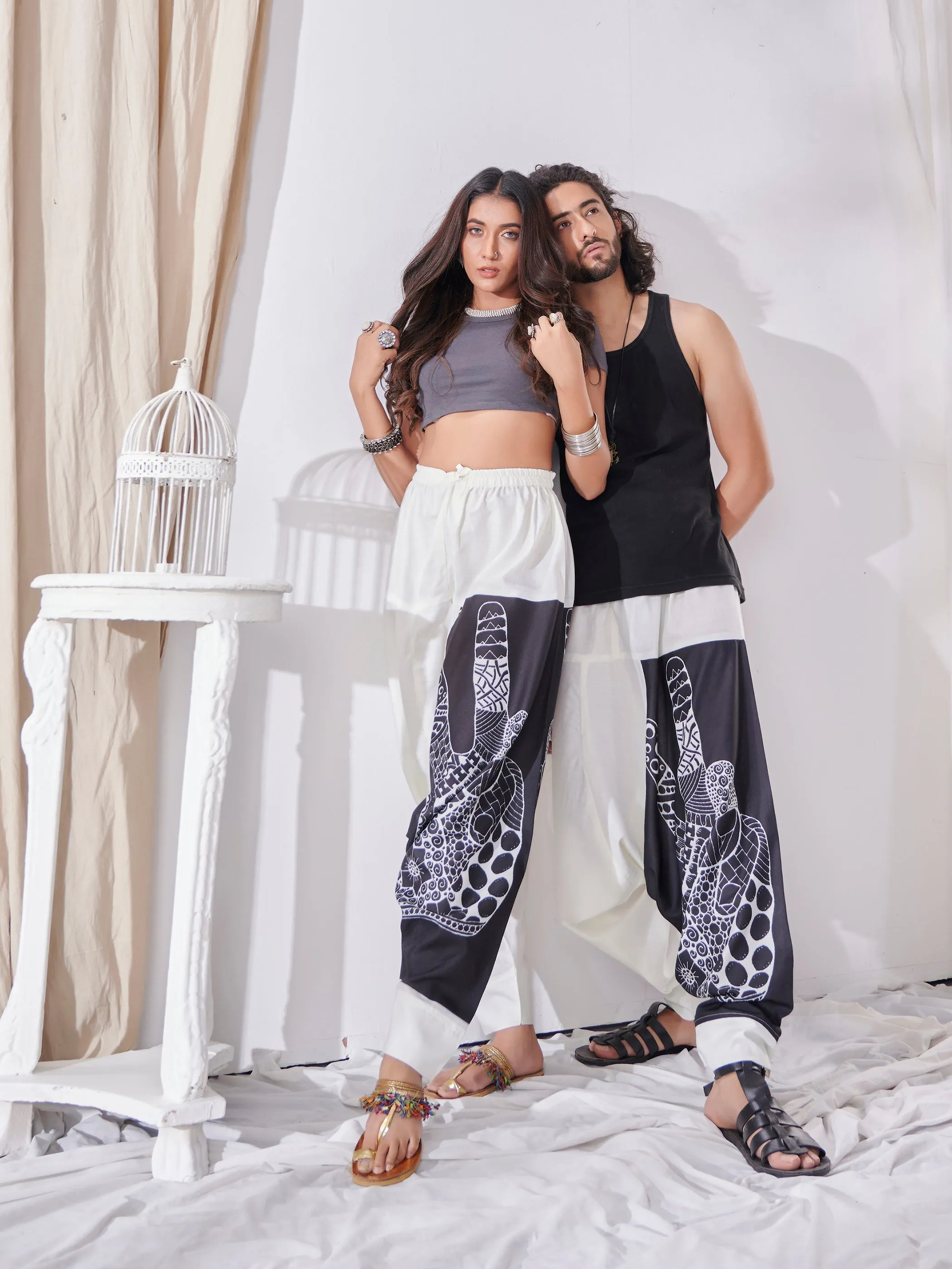 Women's White Genie Aladdin Ninja Hippy Boho Harem Pants For Yoga Dance Travel