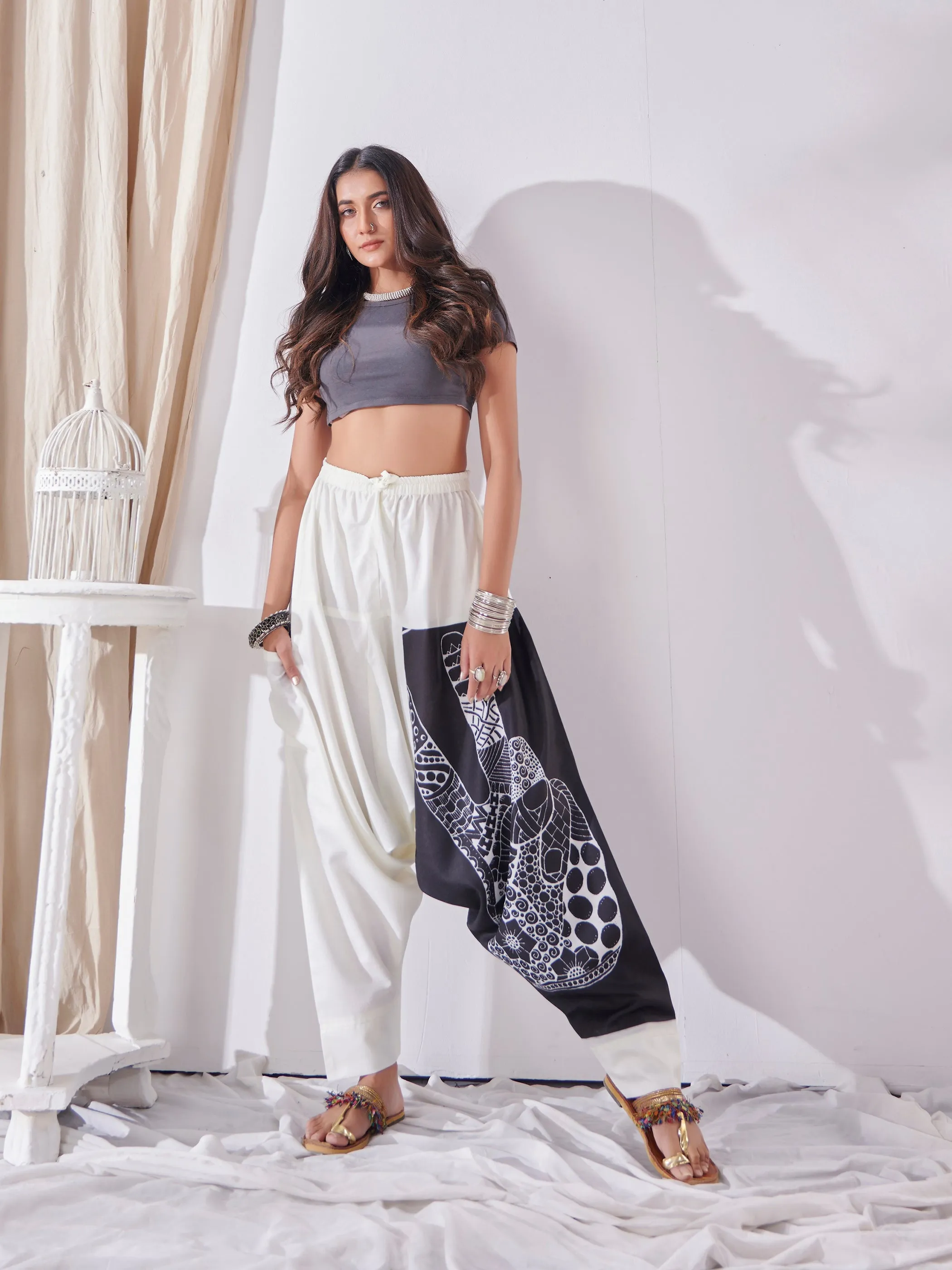 Women's White Genie Aladdin Ninja Hippy Boho Harem Pants For Yoga Dance Travel
